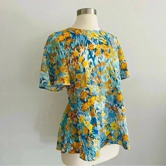 New J. McLaughlin Yellow Blue Floral Blouse Top Linen Blend - Picture 15 of 15
